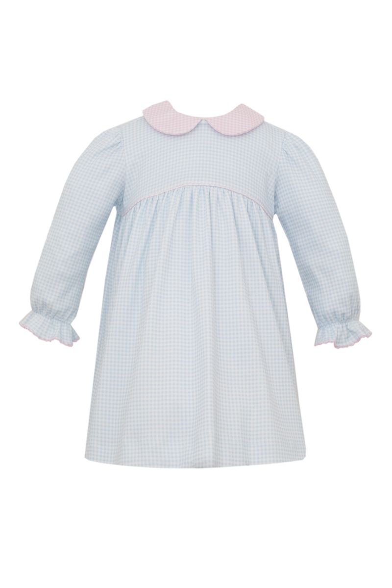 Lt Blue Gingham/Pink Collar LS Knit Dress