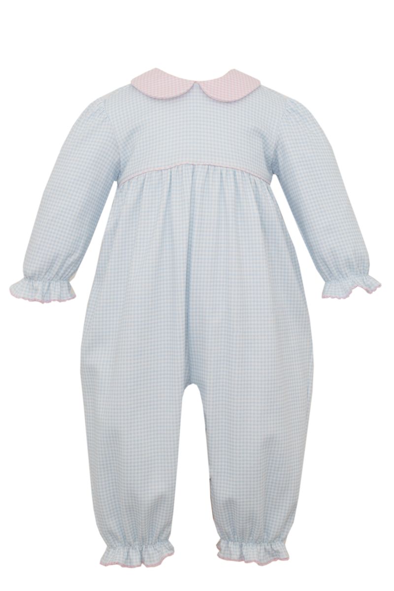 Lt Blue Gingham/Pink Collar LS Knit Long Footie