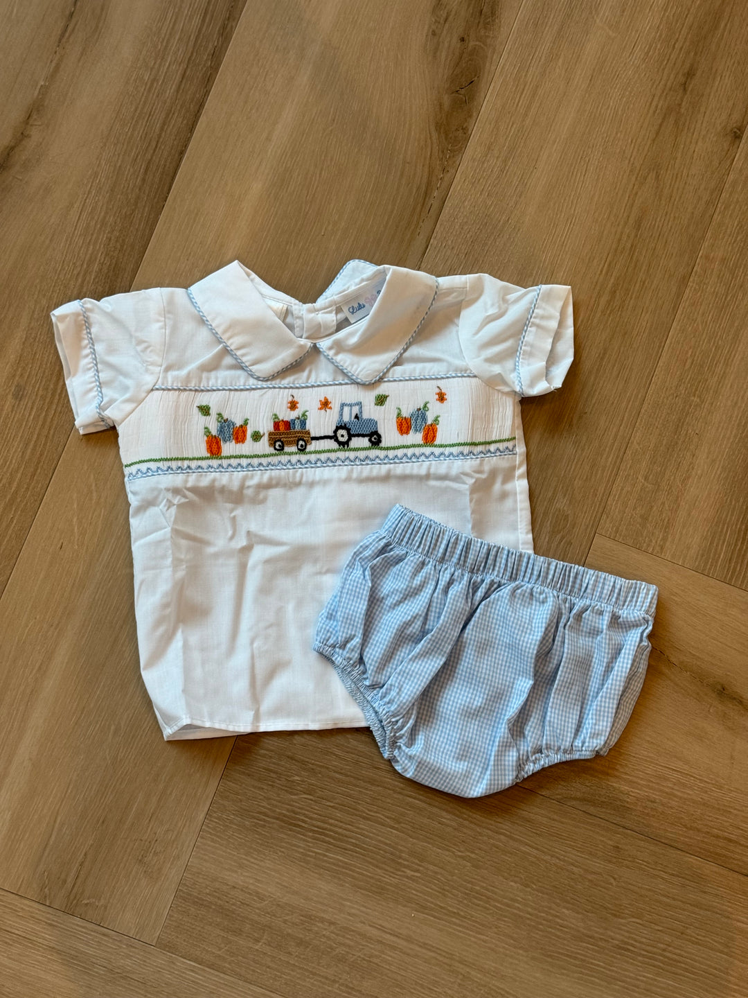 Blue Gingham Tractor Pumpkin Diaper Set