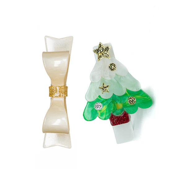 Mint Christmas Tree & Bowtie Hair Clips