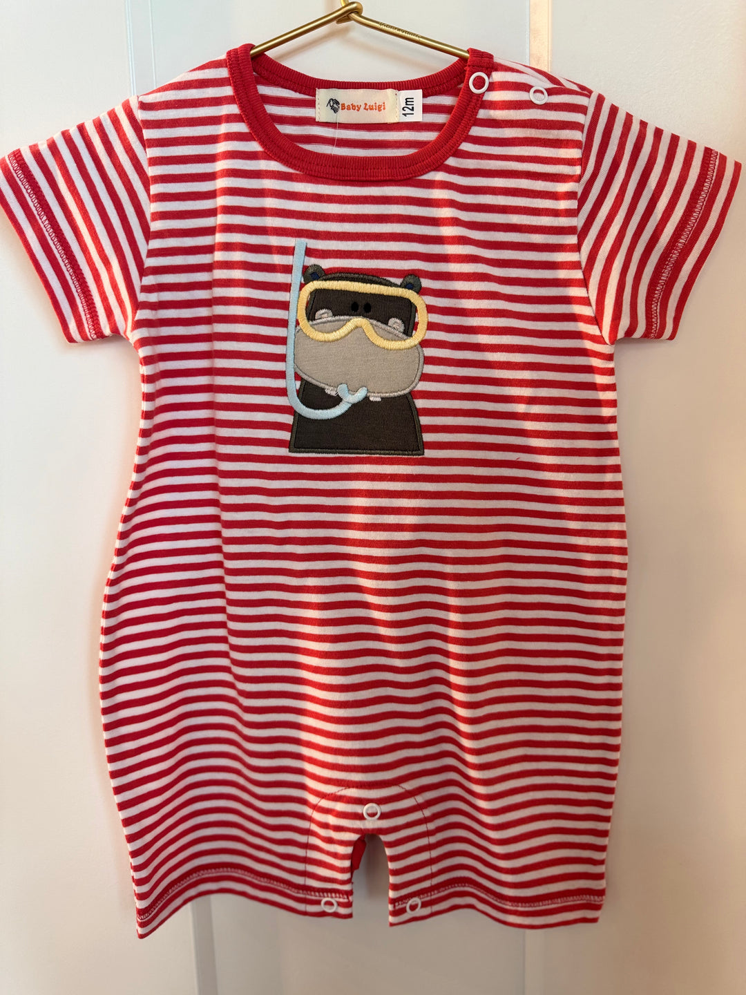 Boy S/S Striped Romper- Scuba Hippo