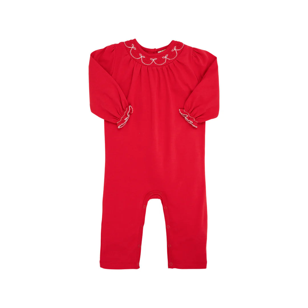 LS Bridget Romper Richmond Red w/Bow Smocking