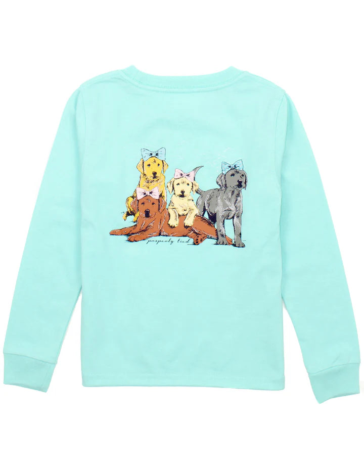 Girls LS Puppy Pile Tee-Seafoam