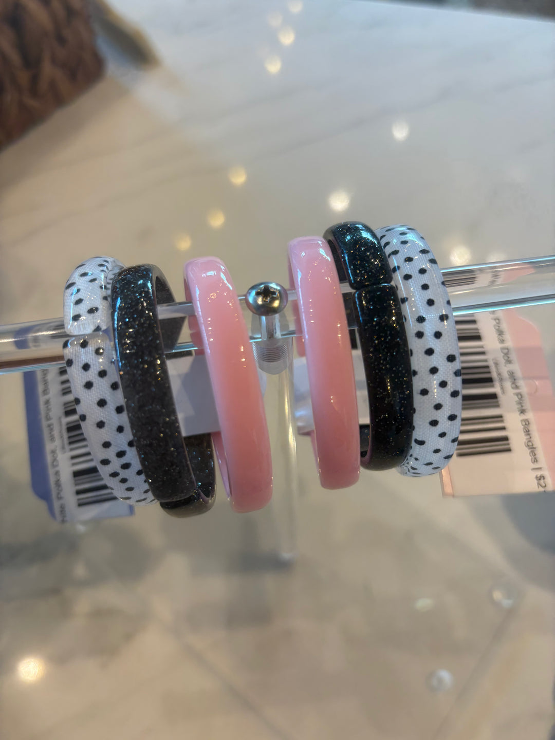 Black, White Polka Dot, and Pink Bangles