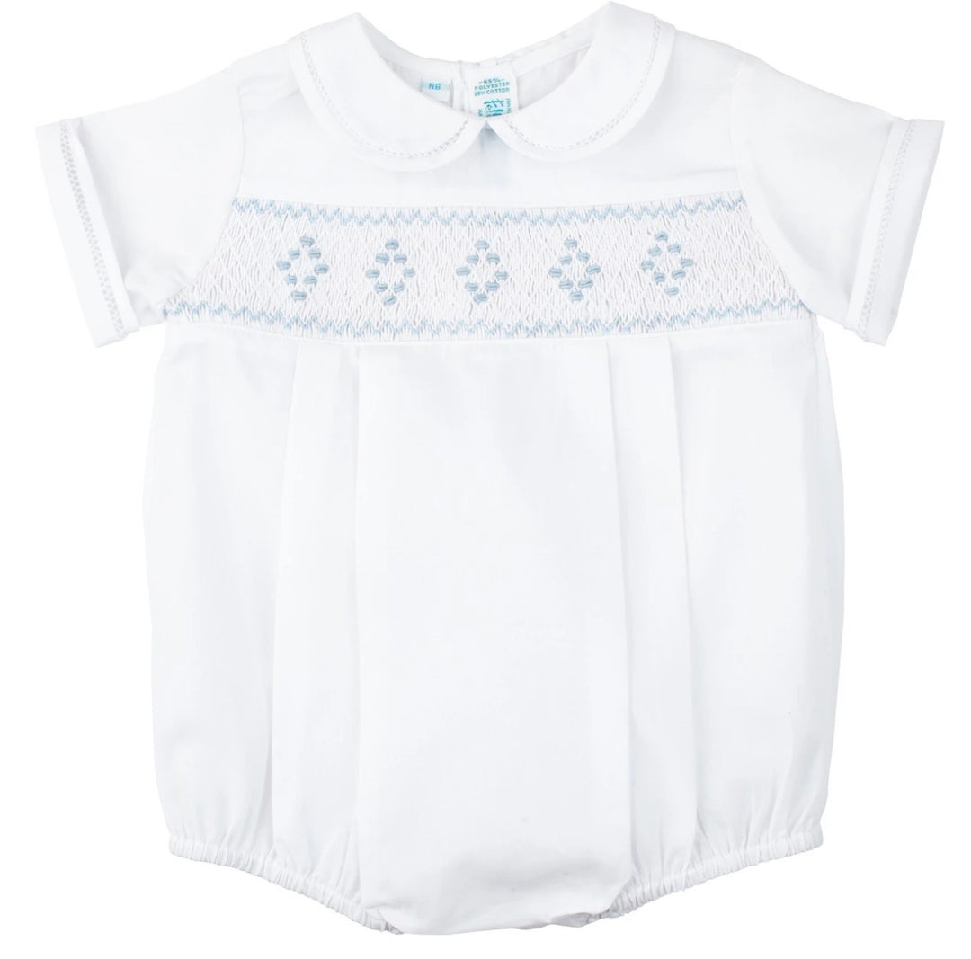 White & Blue Smocked Emb Diamond Creeper