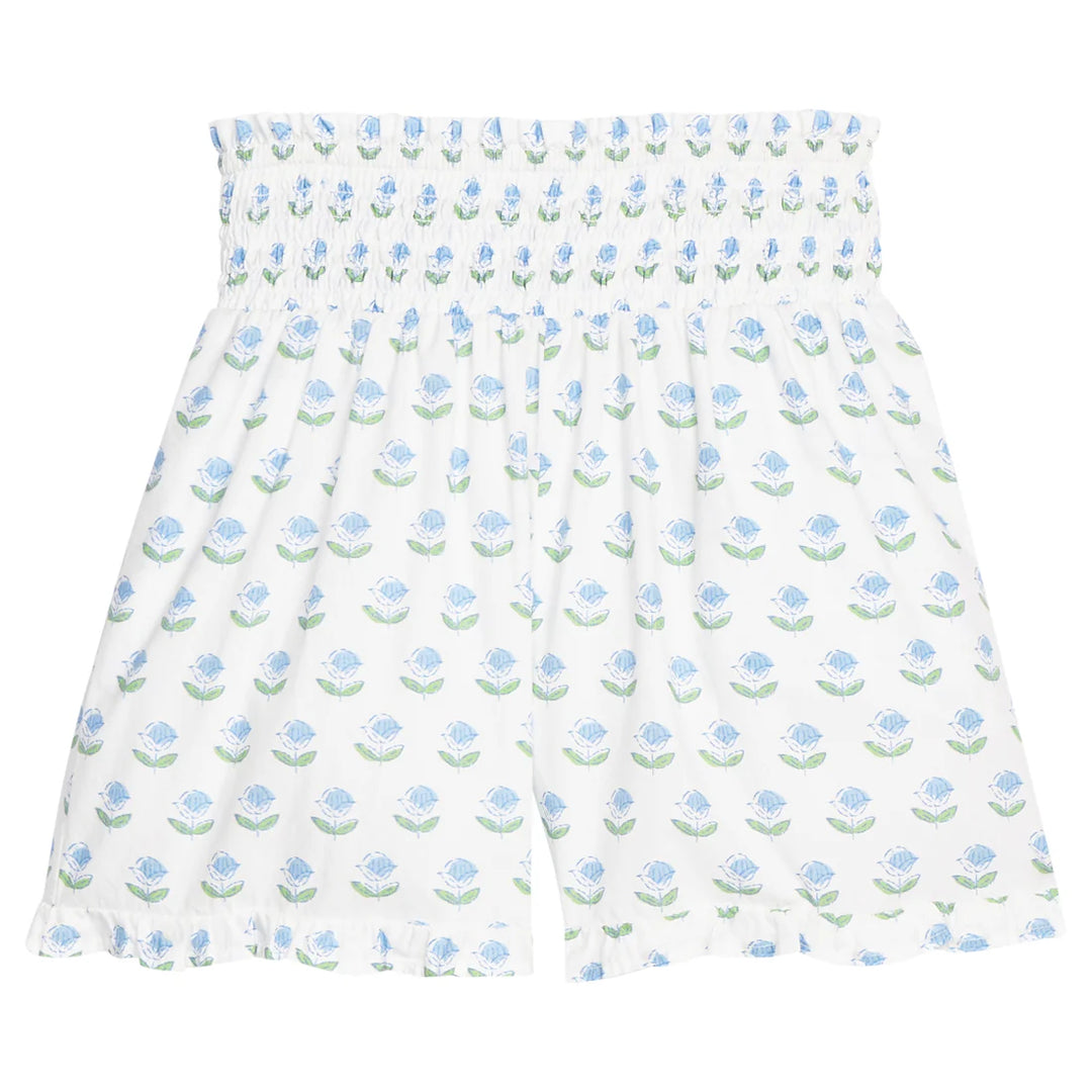 Shirred Ruffle Shorts-Blue Tulip Blk Print