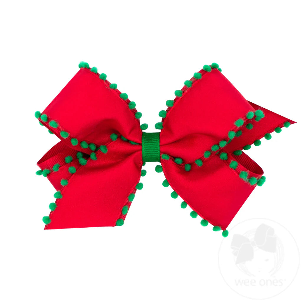 Medium Pom Pom Bow-Red w/Green